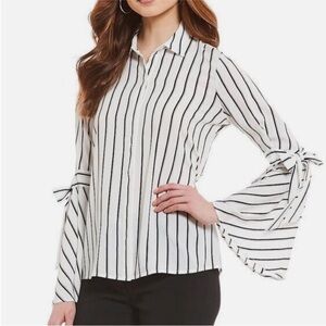 Karl Lagerfeld Black & White Striped Tie/Balloon Sleeve Button Down Blouse Top